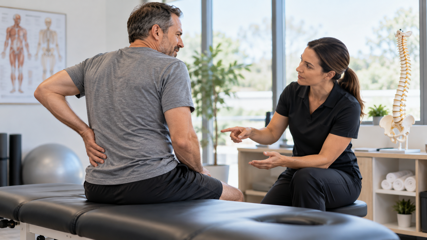 Chiropractor discussing lower back pain with a patient in the Brenner Chiropractic treatment room
